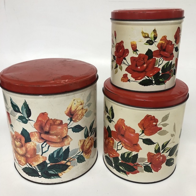 CANNISTER SET, 1950s Red Rose w Red Lid (Set of 3)